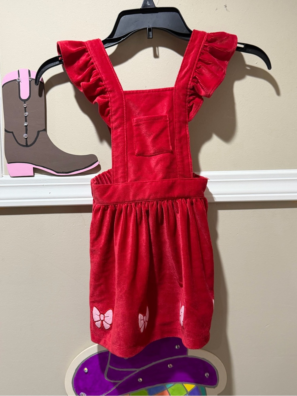 Girls' Red Corduroy Overall Dress with Ruffle Straps and Bow Accents
